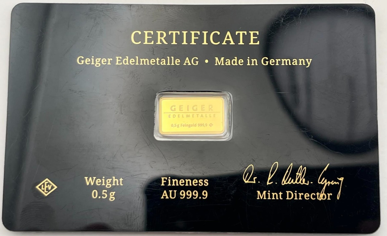 Geiger Schloss Guldengossa Vintage Edition .9999 Fine Gold Bar .5 Gram Card 1/2g