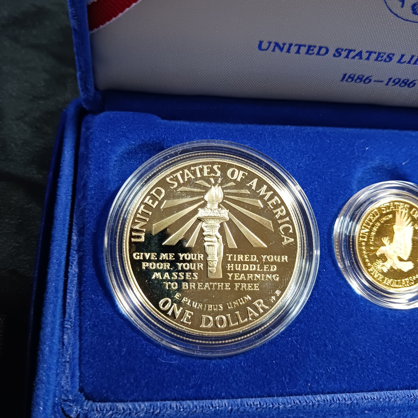 1886-1986 U.S. Liberty 3-Coin Proof Set $5 Gold $1 Silver Half Dollar Box w/COA