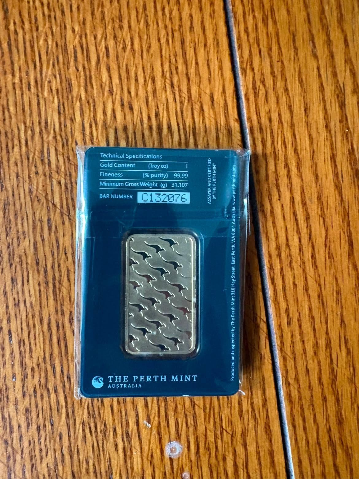 The Perth Mint Australia 1 oz Gold Bullion Bar 0.9999 Fine in Assay Card
