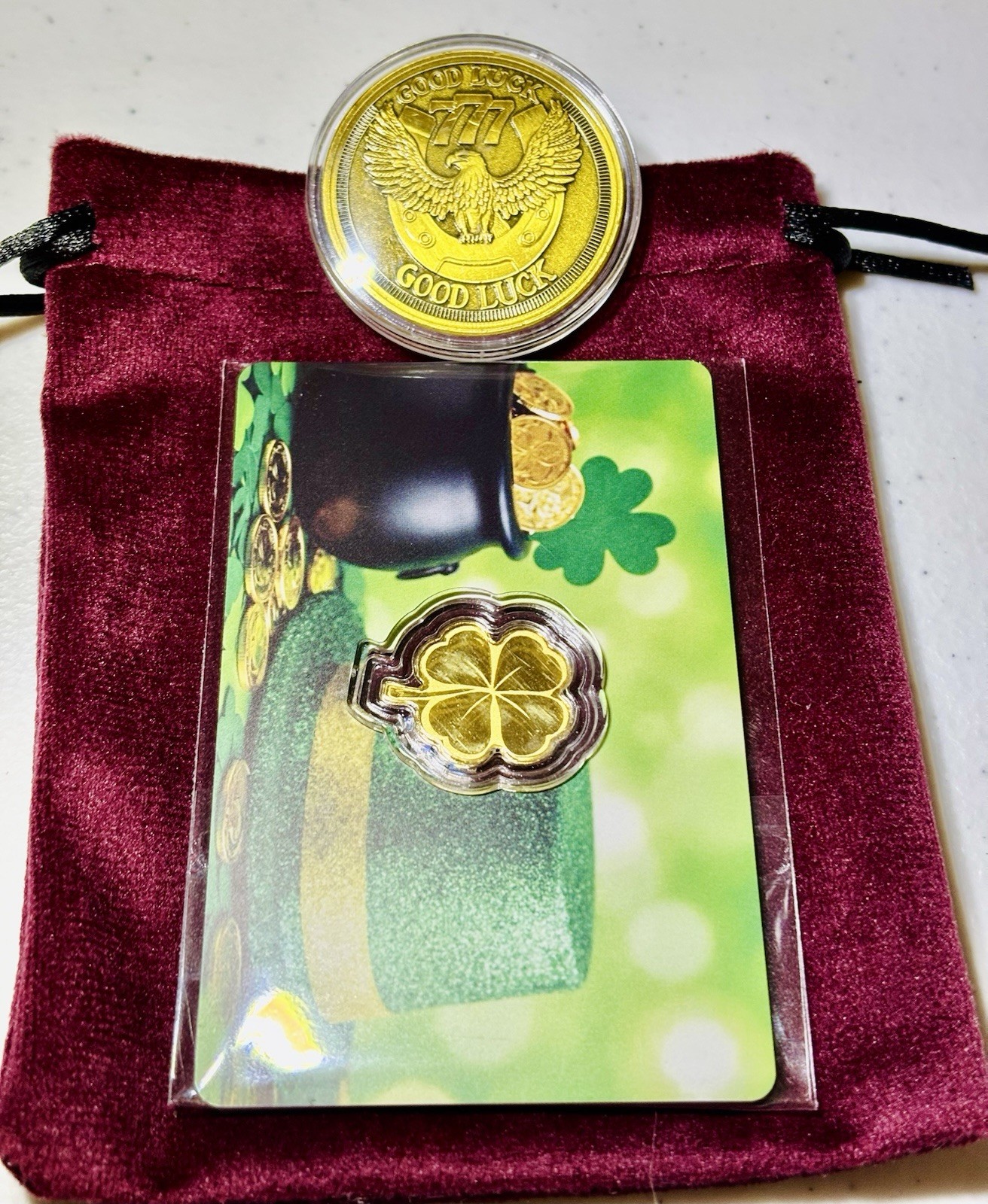 .999 Fine Gold 1/500 oz Clover Round Bullion Gold W/ Velvet Bag & Lucky Coin