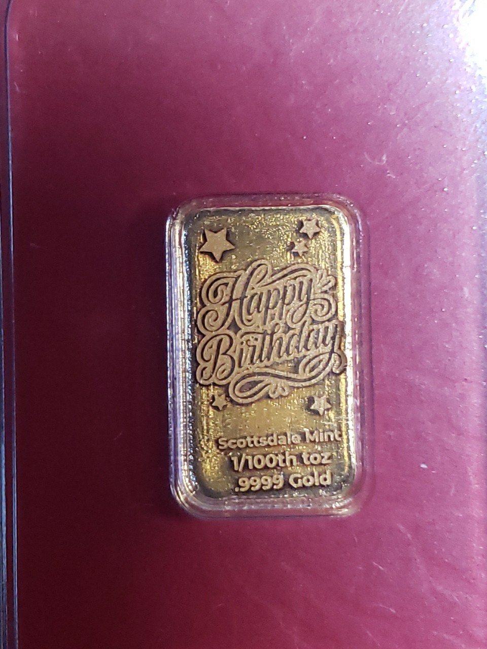Happy Birthday Stars 1/100 oz Gold Bar .999 Gold (in Certi-Lock®) Scottsdale Mnt