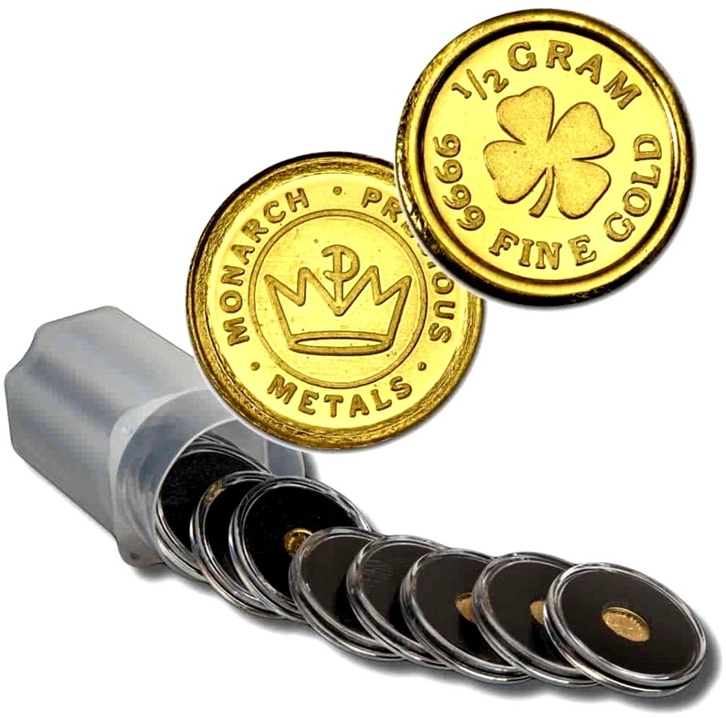LOT 10 X 1/2 GRAM MONARCH LUCKY FOUR LEAF CLOVER .9999 GOLD ROUNDS IN CAPSULE BU