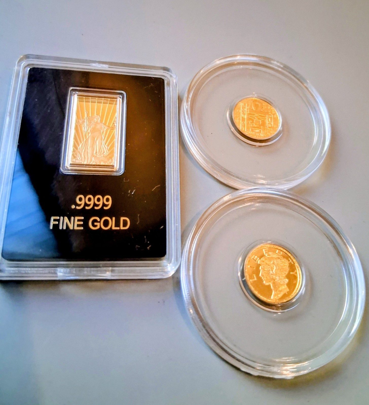 Lot 3 Gold Round Bar .999 Pure Gold Gaudens Mercury Scarab Estate Sale 24k