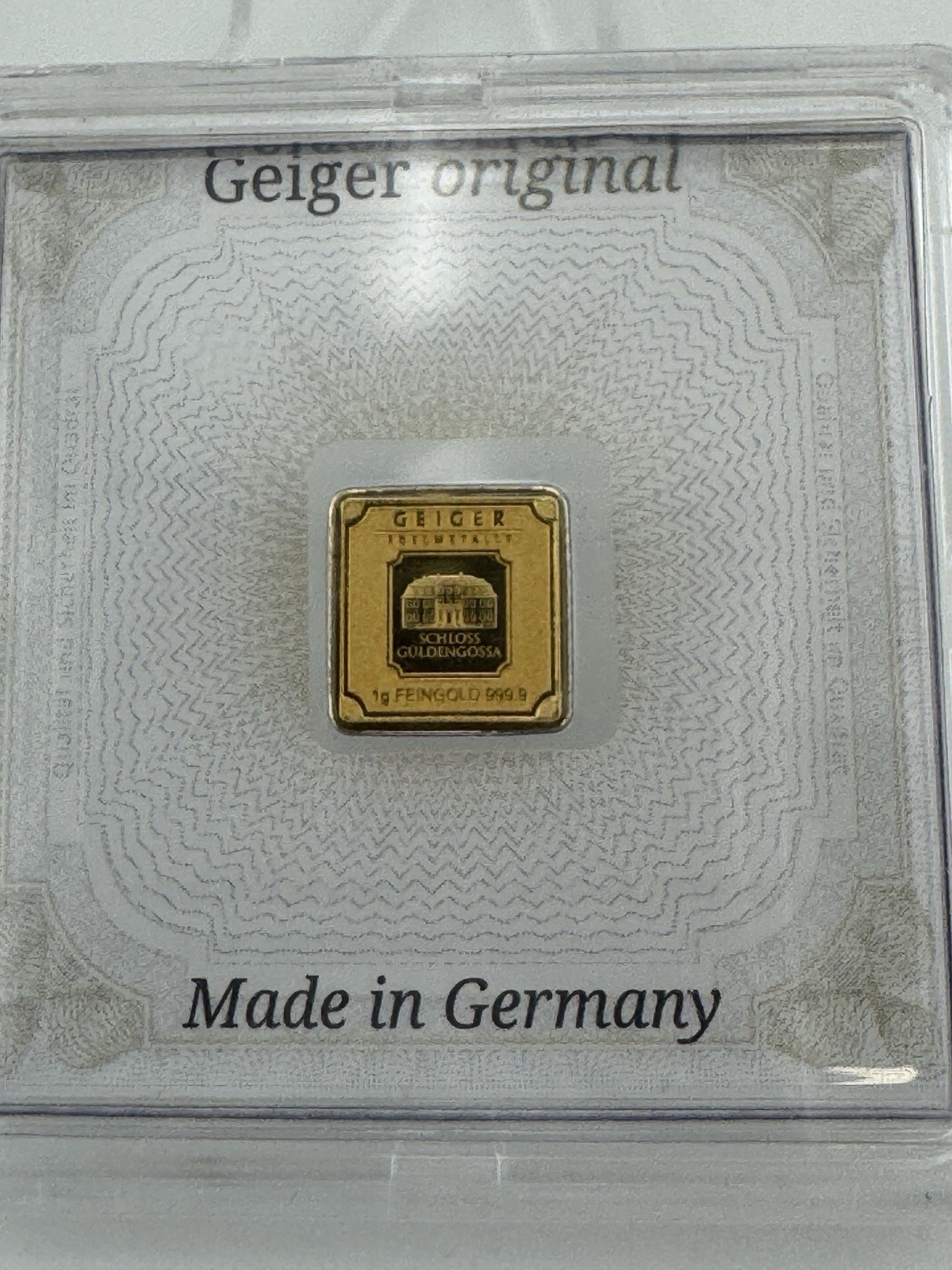 Geiger Original Certificate 1 Gram .999 Fine Gold Bar In Assay, Sealed