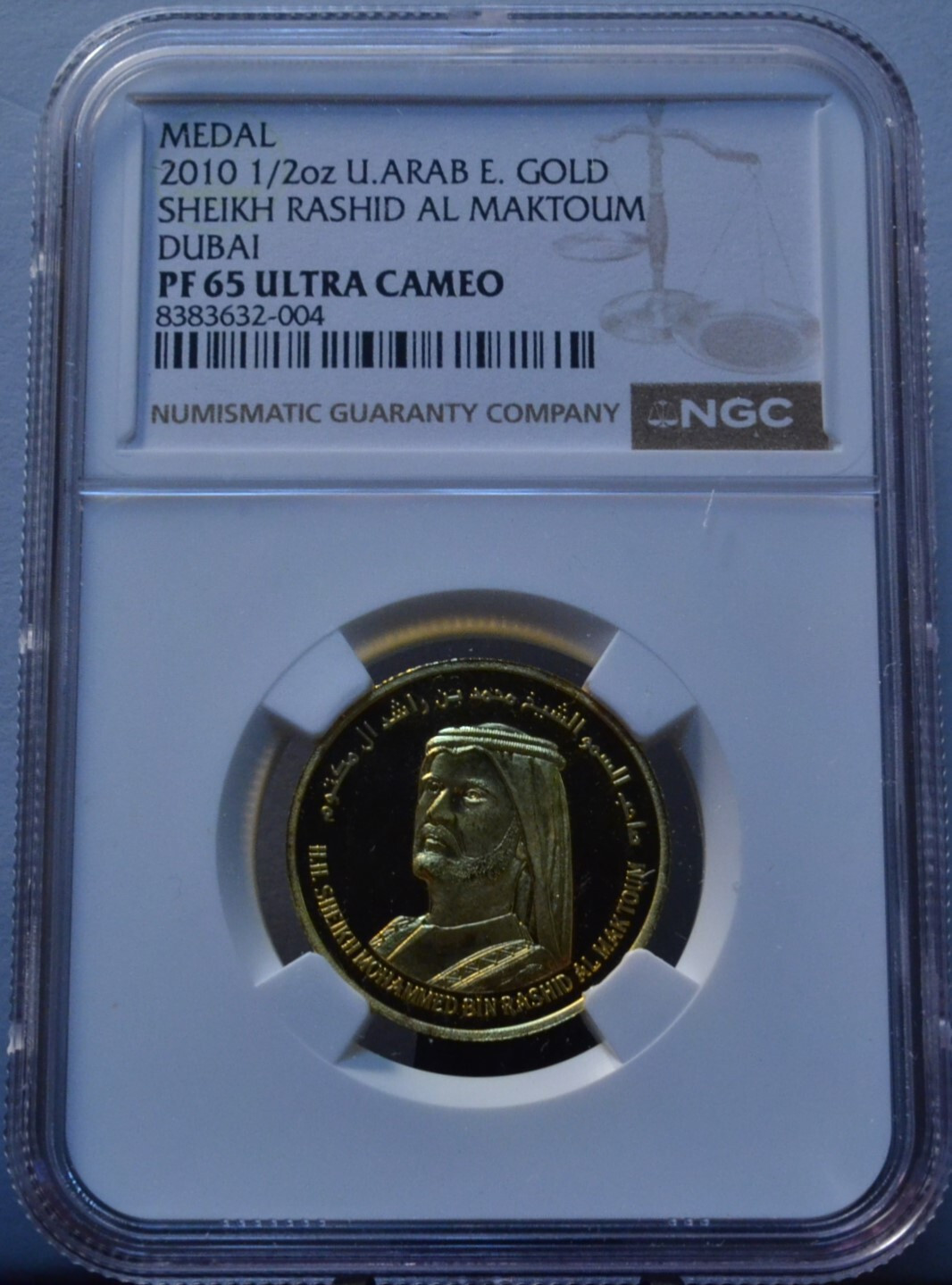 2010 U.A.E SHEIKH RASHID AL MAKTOUM NGC PF65 UCAM 1/2 OZ .999 GOLD MEDAL DUBAI