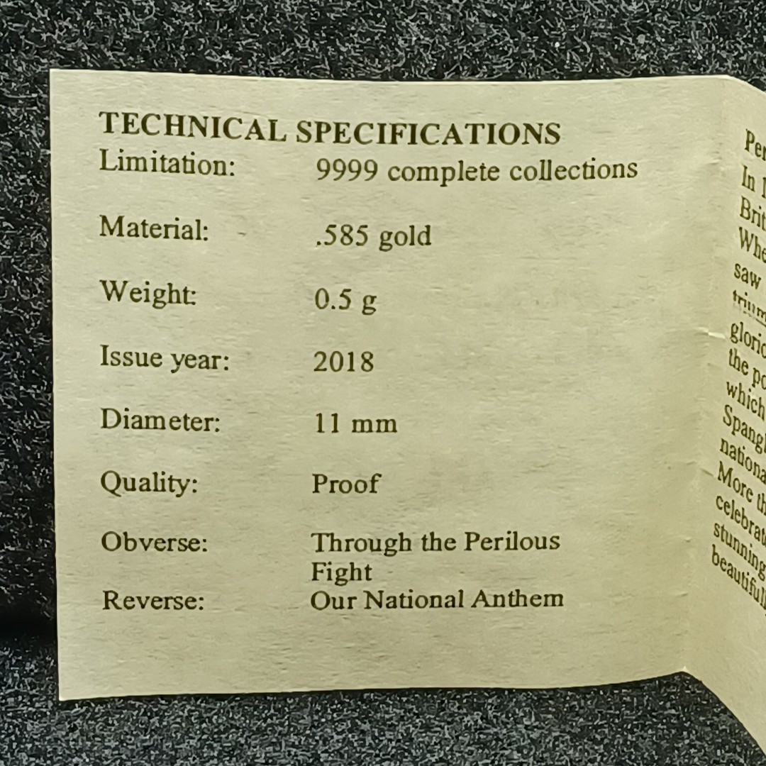 American Mint 0.5 Gram 14K Gold Proof Round Our National Anthem Solid Gold Coll.