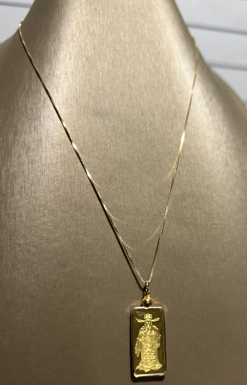 VINTAGE HANG SENG BANK ROYAL MINT 9999 GOLD BAR PENDANT & 14K BOX CHAIN NECKLACE