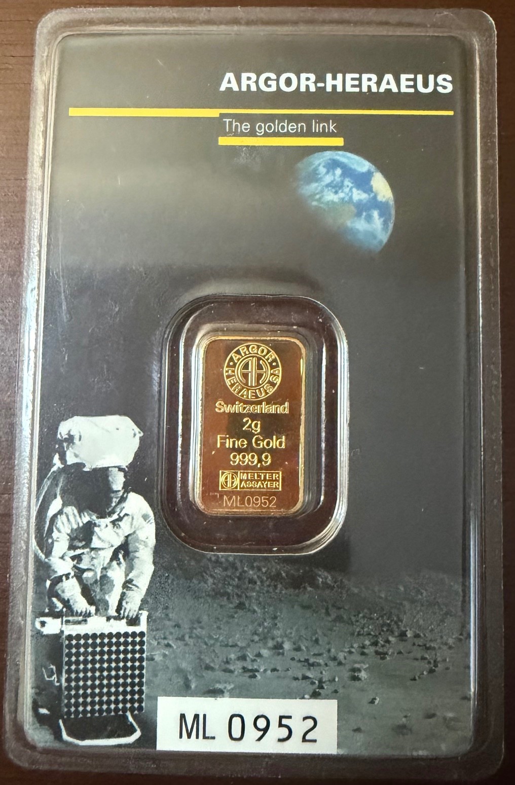 2G 999.9 Gold Argor-Heraeous Moon Landing Bar in Assay