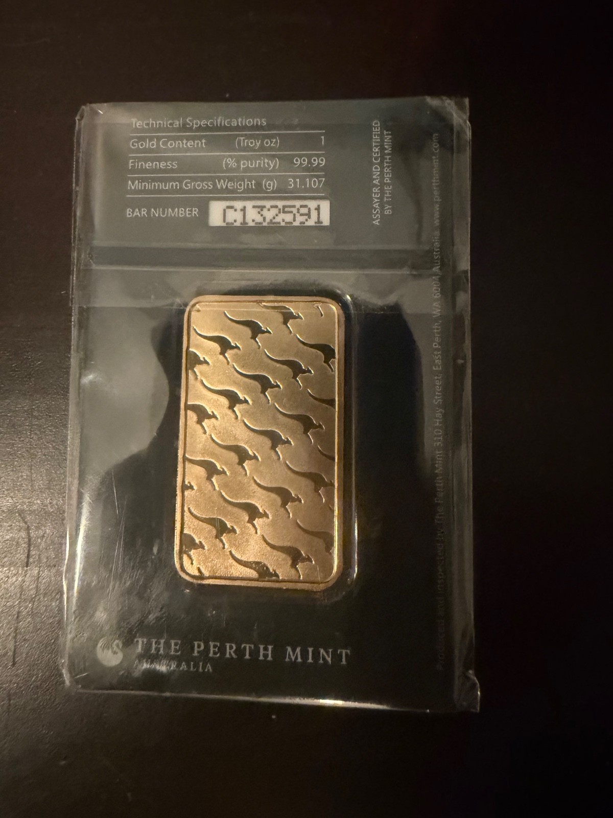Perth Mint 1 oz Gold Bullion Bar .9999 Fine Gold in Assay Card Serial Numbered