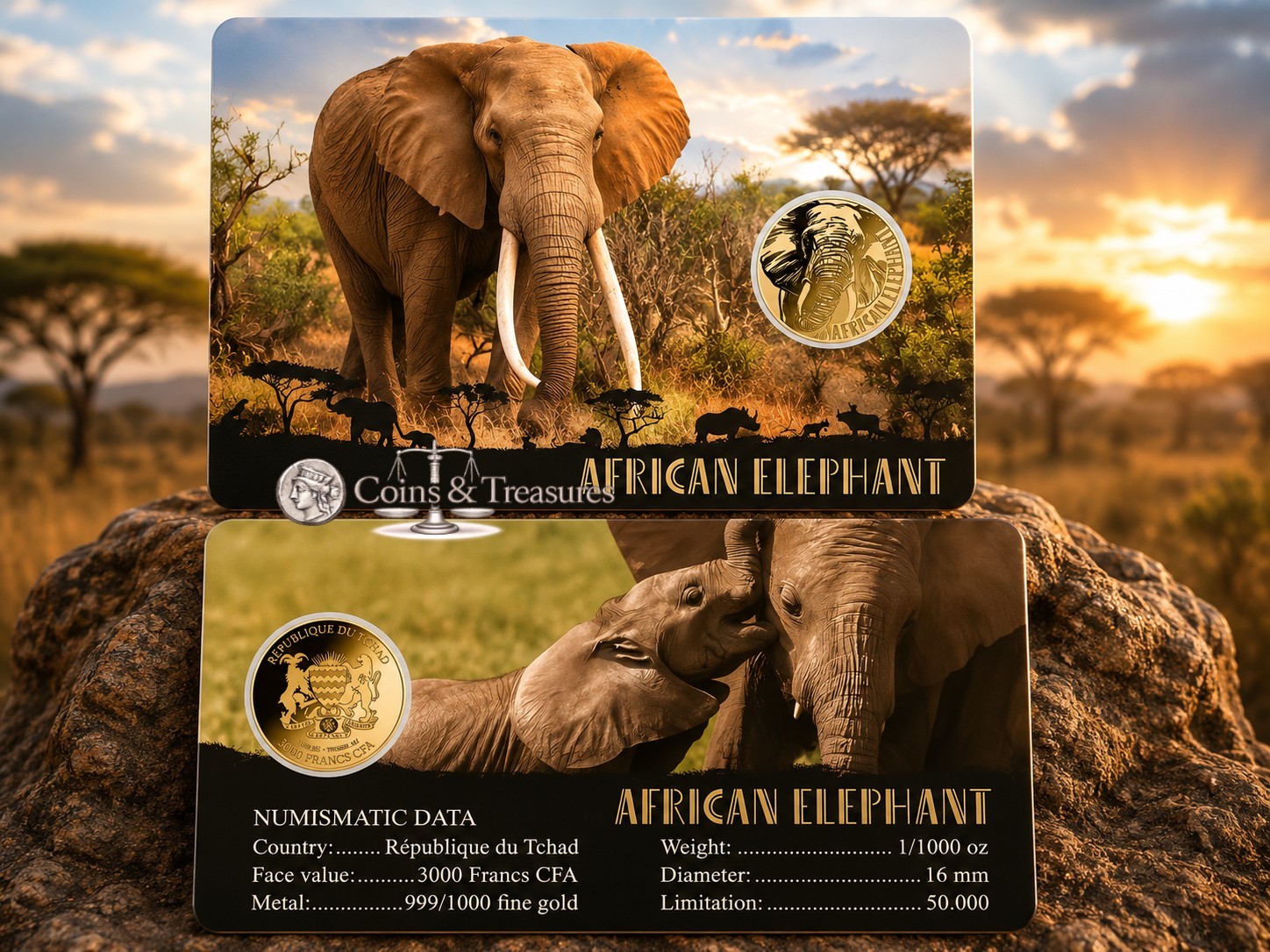 AFRICAN ELEPHANT 1/1000 Oz Gold 999 Coin card 3000 Francs Chad 2024