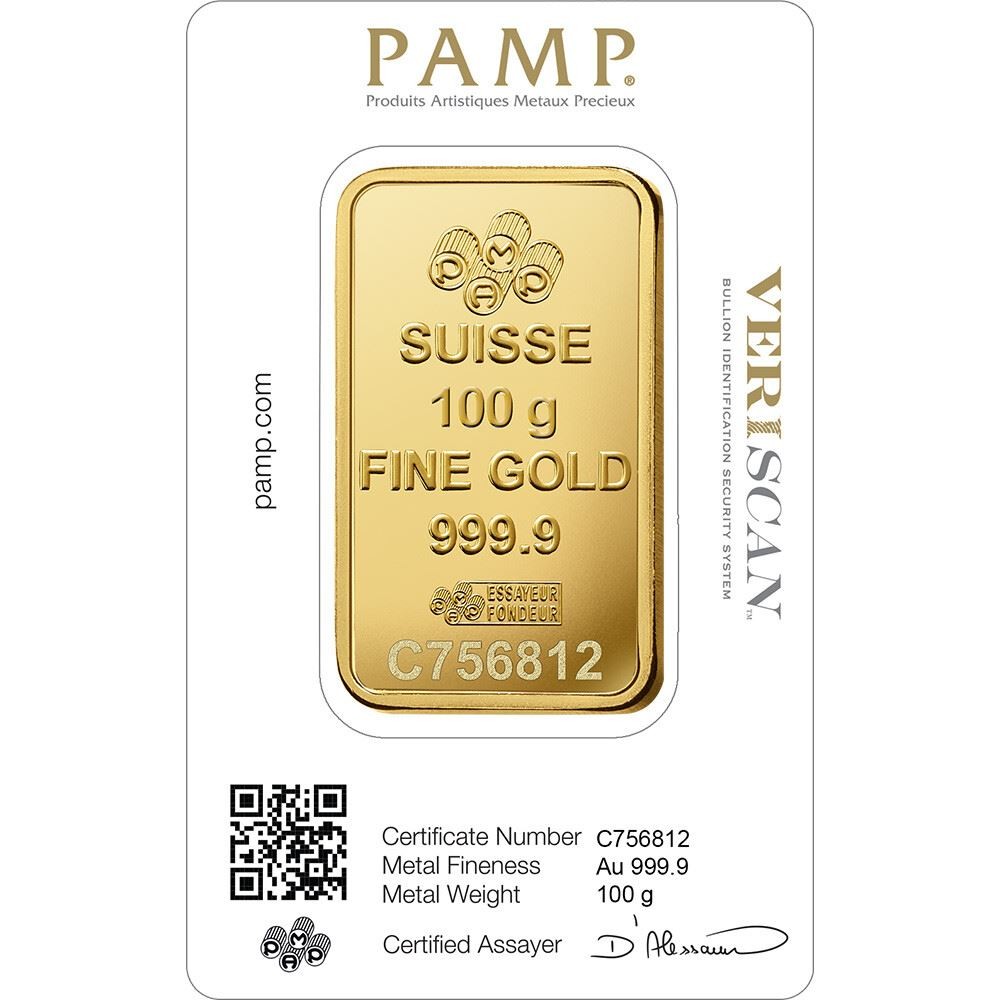 100 gram Gold Bar – PAMP Suisse – Fortuna – 999.9 Fine in Sealed Assay