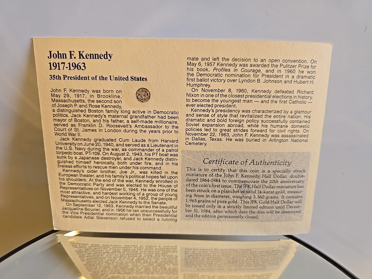JFK 20th ANNIVERSARY TRIBUTE SOLID 14K GOLD HALF DOLLARS COA ( on card back)