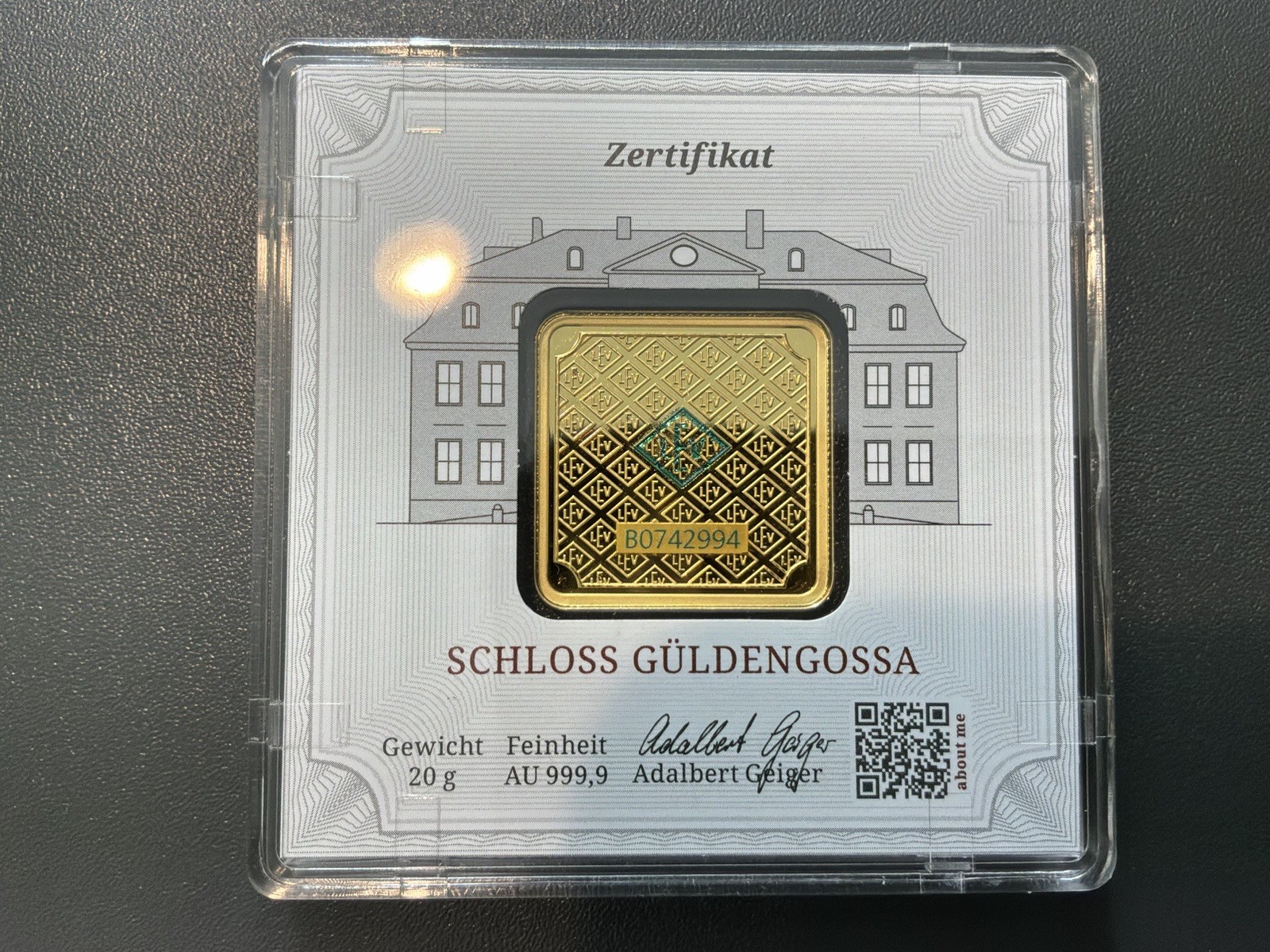 20 gram Geiger Edelmetalle Gold Bar .9999 fine – (Encapsulated w/Assay)