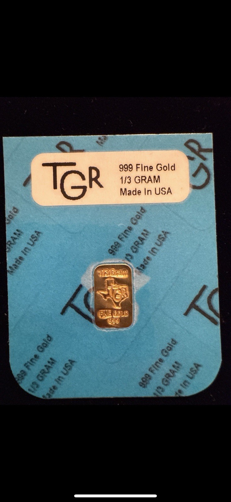 TGR 1/3 Gram .999 Fine Gold Bar – Texas Gold Refinery – Sealed in Assay Card