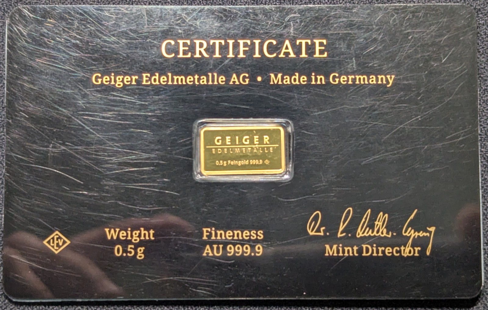 Geiger Schloss Guldengossa Vintage Edition Carded .5 Gram 999.9 fine Gold Bar
