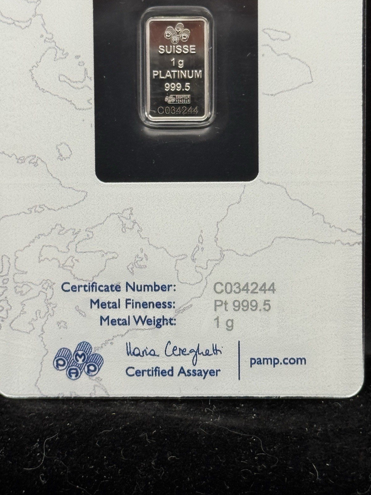 1g Platinum Bar PAMP Suisse Fortuna .9995 Fine Assay Card Ingot