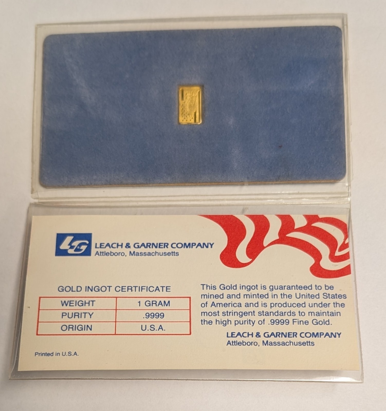 RARE 1 Gram .9999 Gold Bar ~ “Spirit of America” by Leach & Garner Attleboro, MA