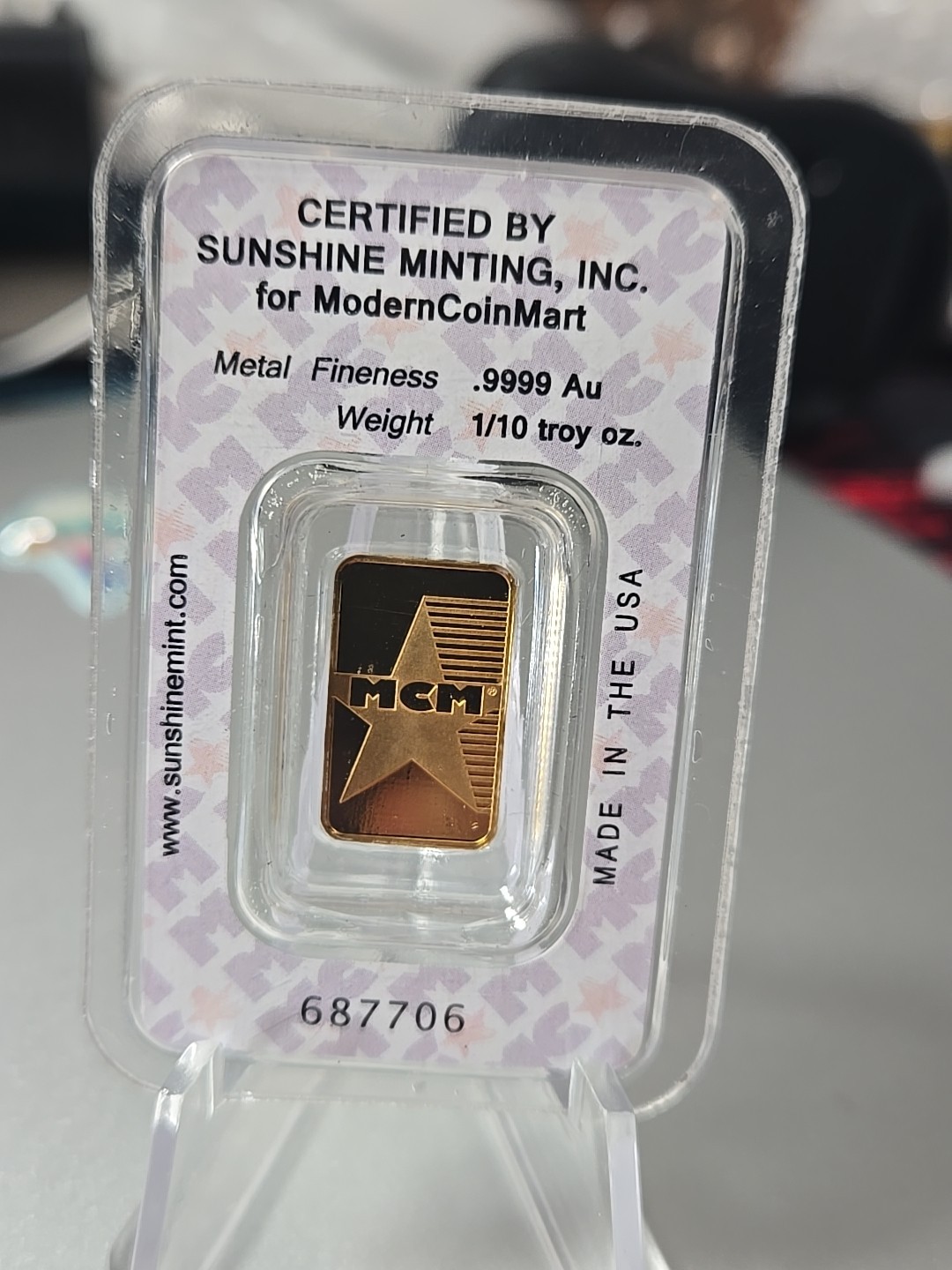 1/10th Ounce MCM Modern Coin Mart Sunshine Minting .9999 Fine Gold Bar In Assay