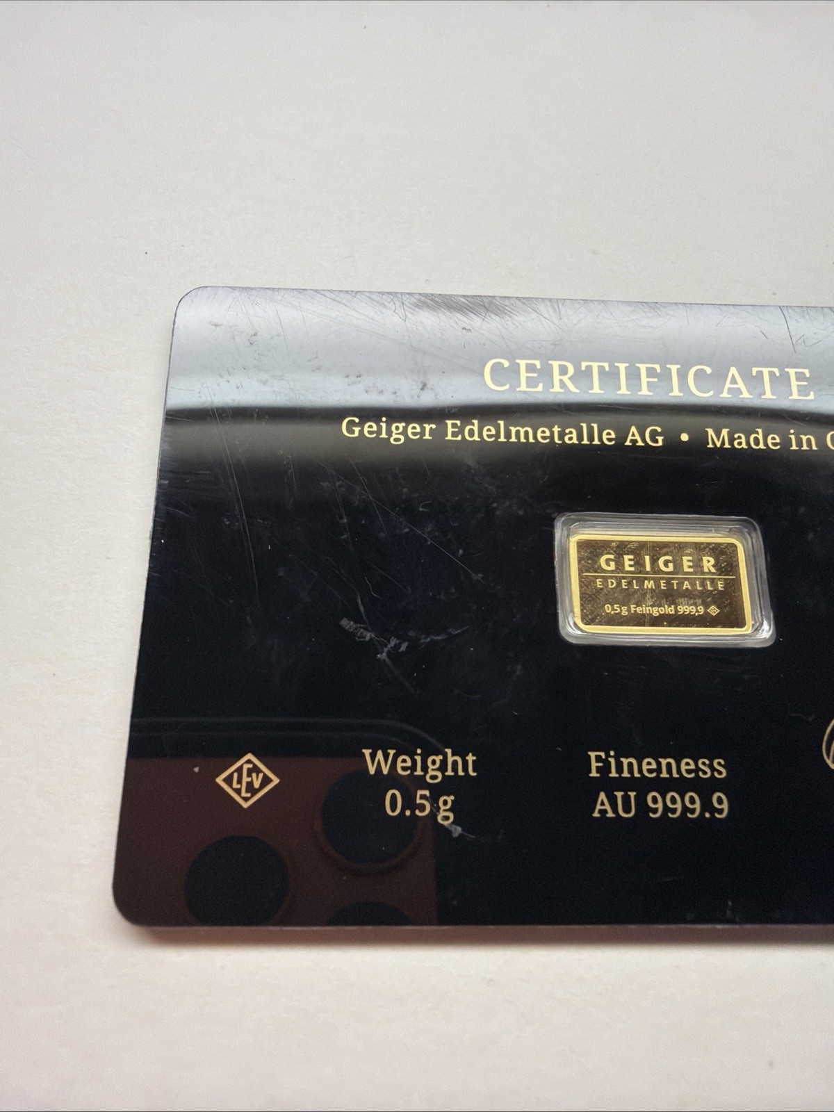 Geiger Schloss Guldengossa Vintage Edition Carded Gold Bar .5 Gram .999 Fine