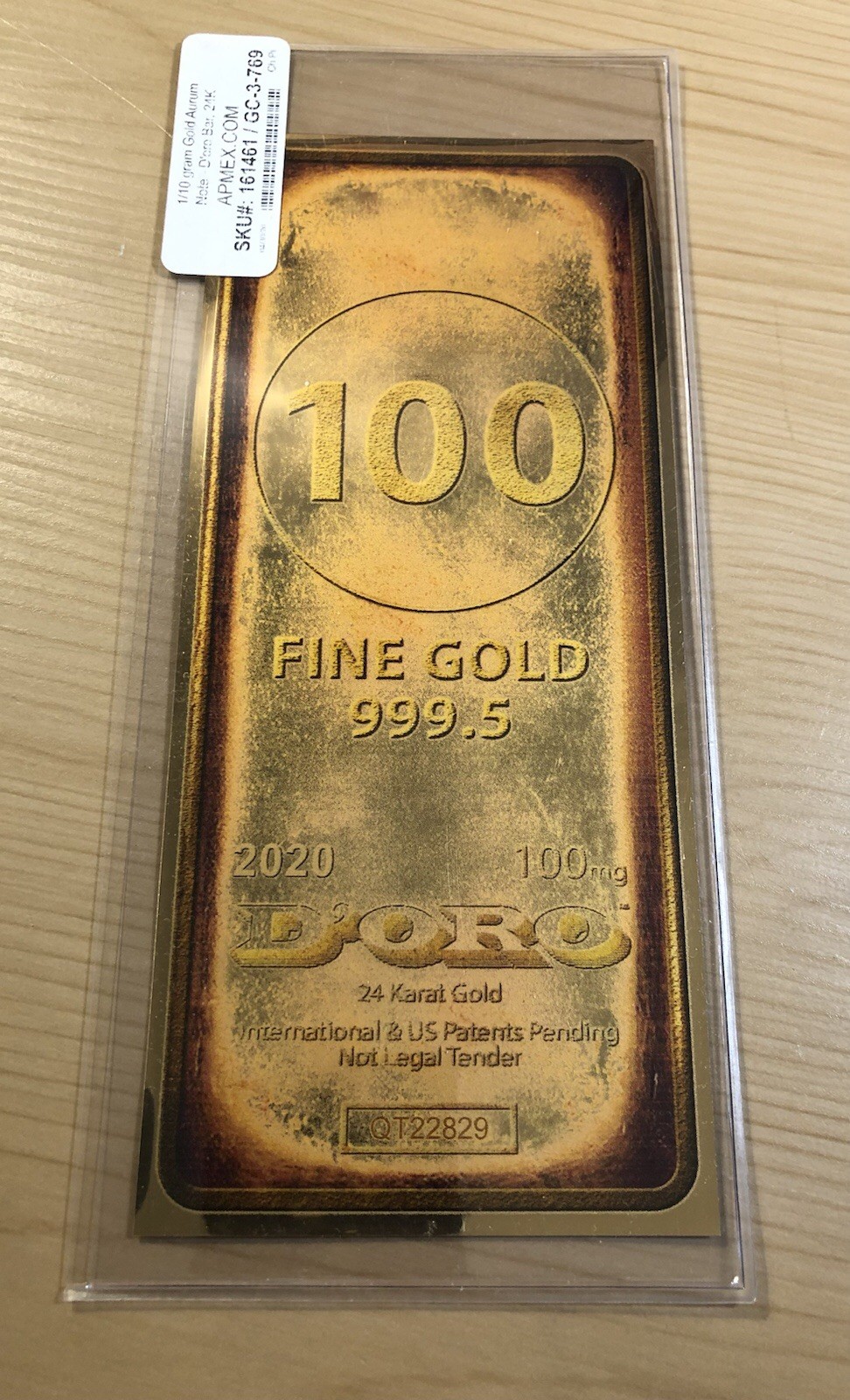 100 Milligram Gold Aurum Note 24 Karat .9995 Pure Gold Foil Bar Doro 2020