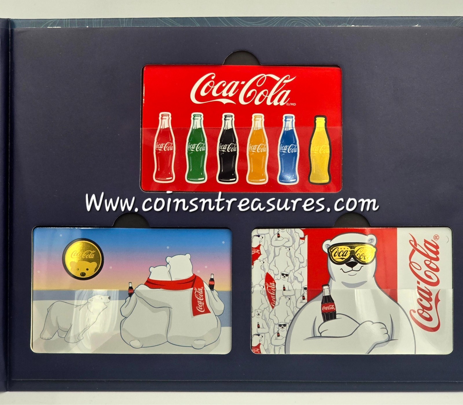 COCA COLA collection 1/1000 Oz .999 Gold 3 coin cards in Album