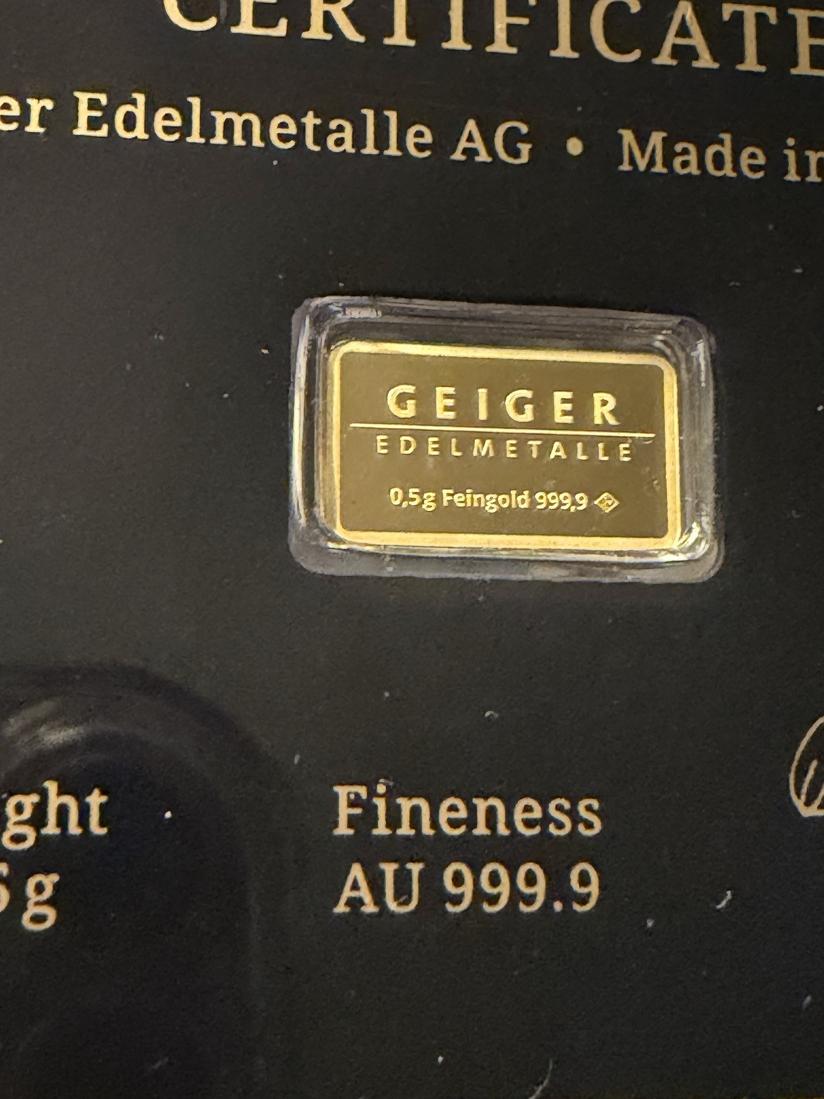 Geiger Edelmetalle AG 0.5 Gram Gold Fineness AU 999.9 German. Vintage Edition.
