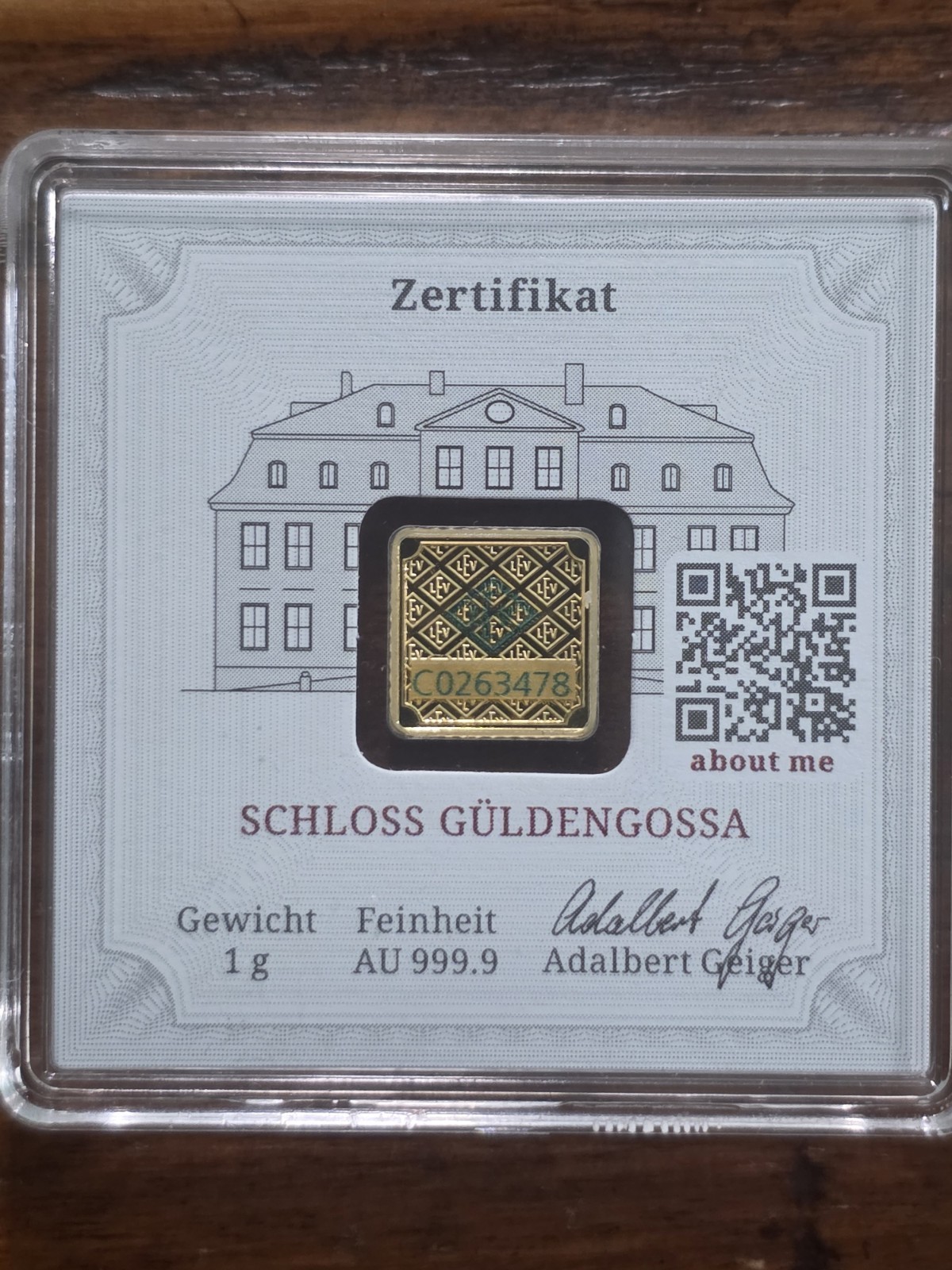 Geiger Edelmetalle 1g Gold Bar 0.9999 Fine Schloss Güldengossa in Assay Card