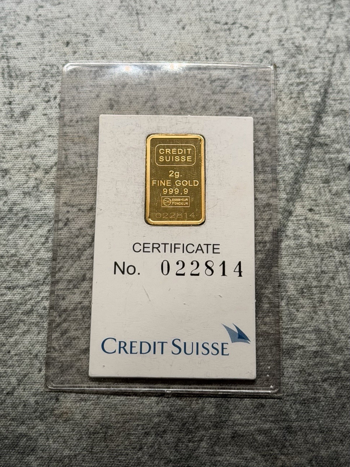 2 Gram Credit Suisse Gold Bar Certified 999.9 Valcambi W/Assay Card. VINTAGE