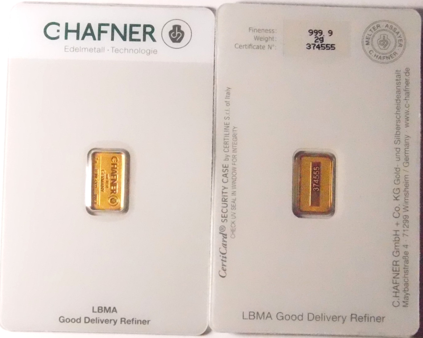 Gold Bar 2 Grams 999.9 C. HAFNER in Blister Card with Certificate 2g Gold