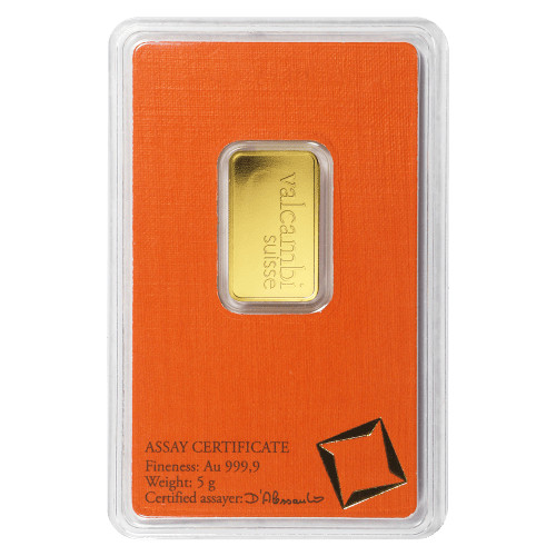VALCAMBI SUISSE MINT 5 GRAM .9999 Pure 24karat GOLD Bullion Bar in ASSAY