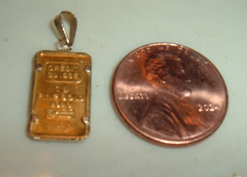 24K GOLD Credit Suisse 999.9 FINE 39957 INGOT BAR 14K BEZEL PENDANT CHAIN 1.27g