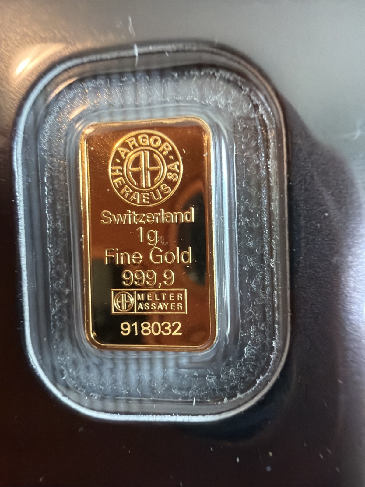 1 Gram Gold Argor Heraeus Bar 1 g .9999 Fine Gold – In Assay