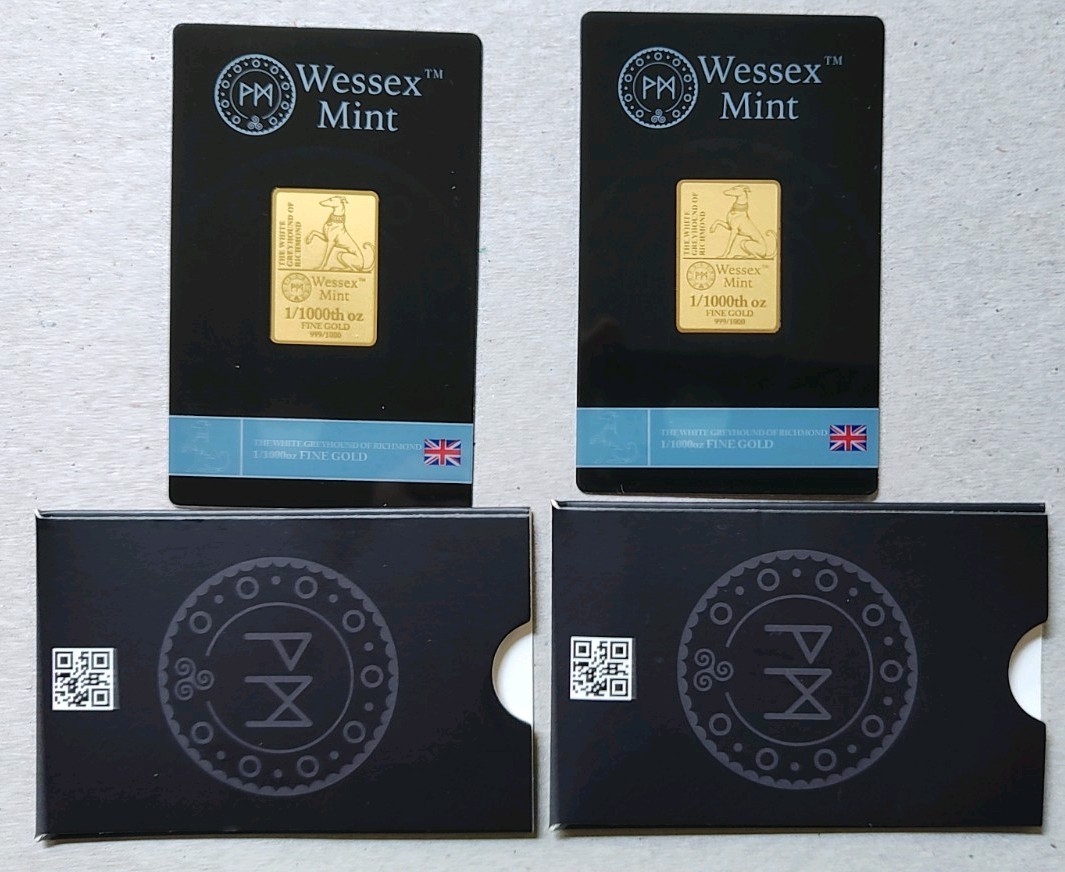 X2 Wessex Mint White Greyhound Of Richmond 1/1000oz Gold Bar
