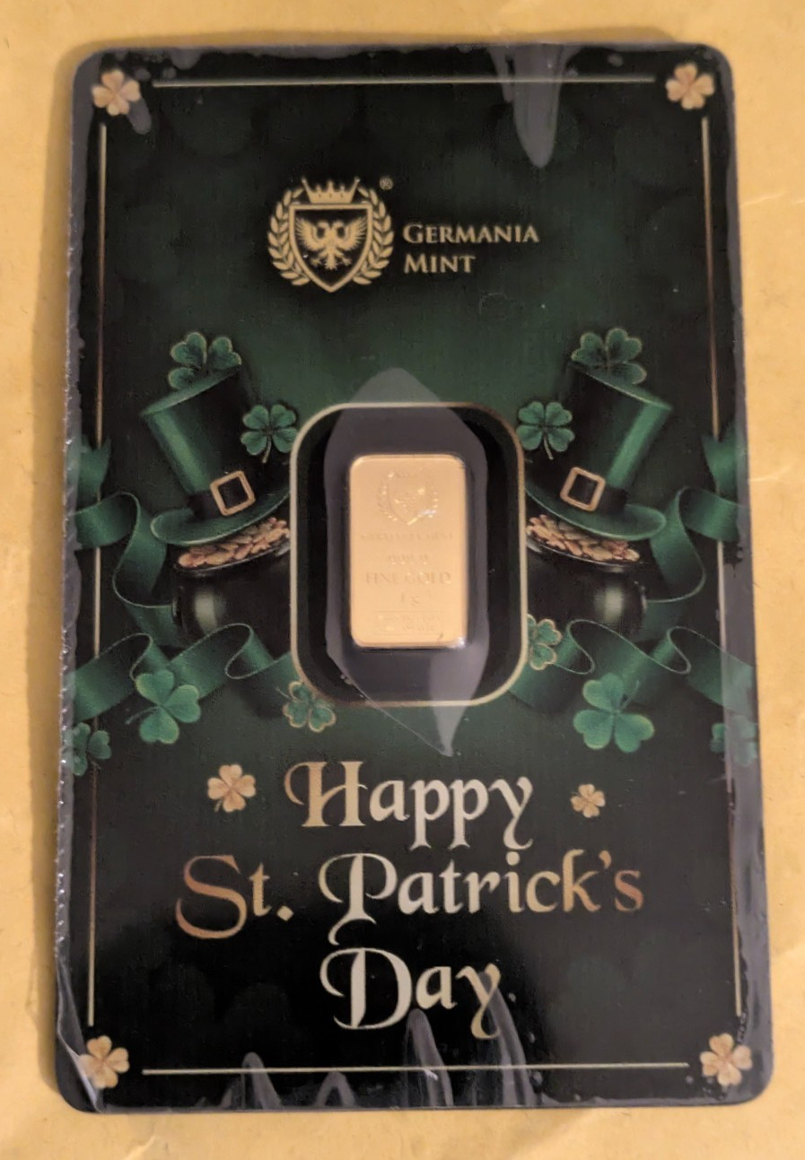 GERMANIA MINT HAPPY ST PATRICK’S DAY 1g 999.9 FINE GOLD LIMITED MINTAGE 1000