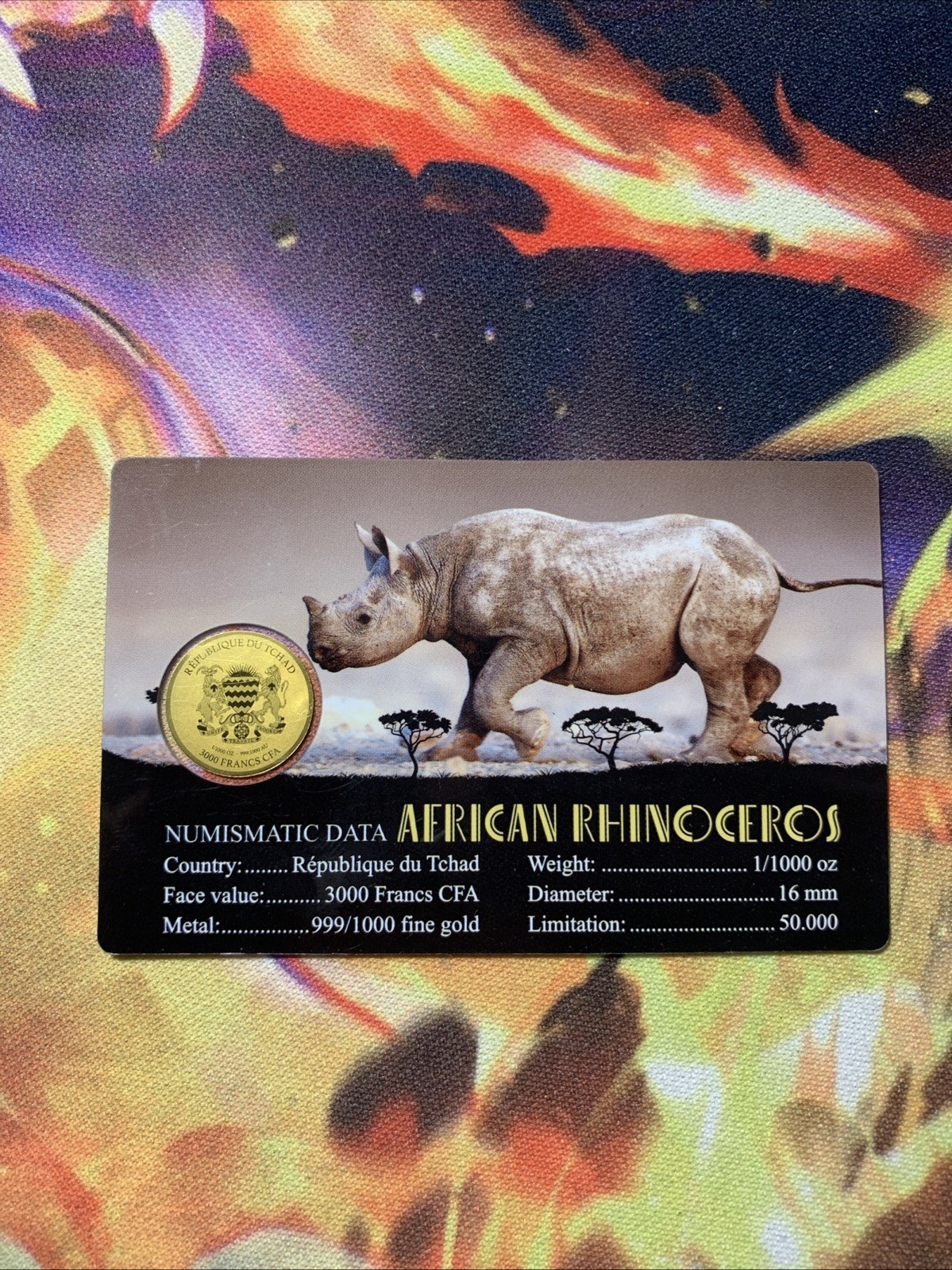 GOLD 1/1000TH Oz .999 FINE Round AFRICAN RHINO TCHAD COIN Pure 24kt 3000 Francs
