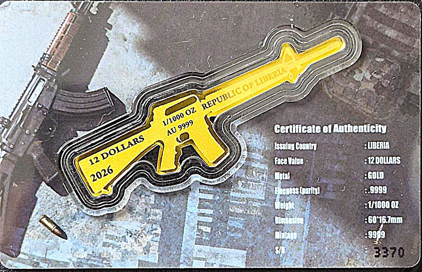 2026 1/1000th Oz .999 GOLD $12 LIBERIA *M16 RIFLE* LIMITED EDITION #3370 / 9999