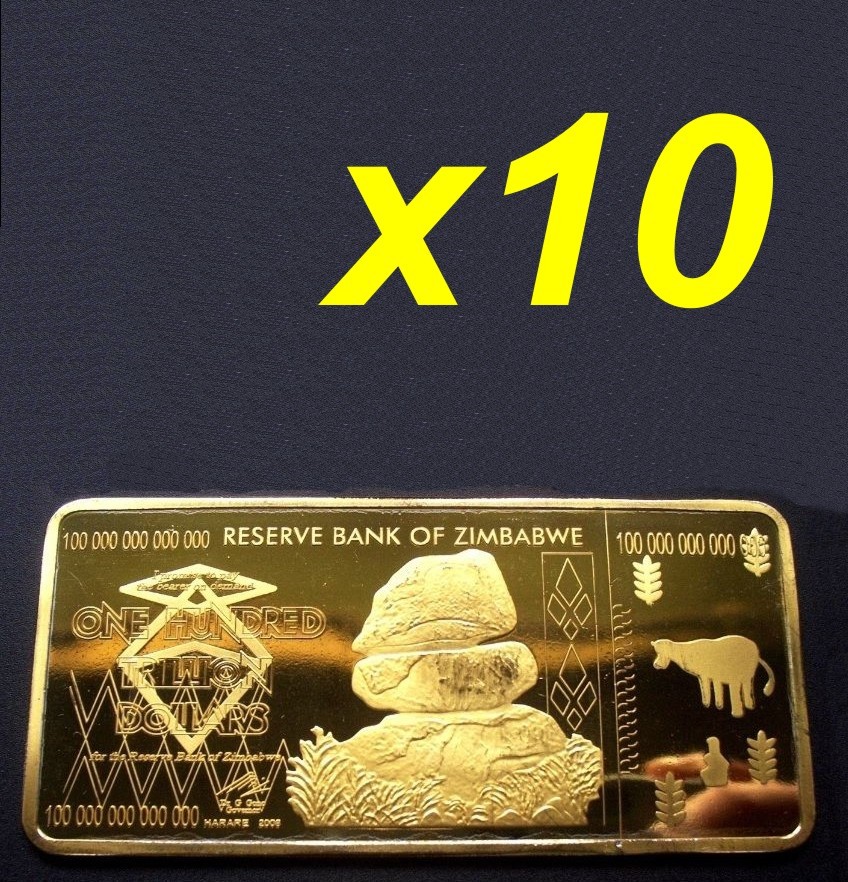 10 Pieces Zimbabwe 100 Trillion Dollars Gold Ingot Bullion Bar