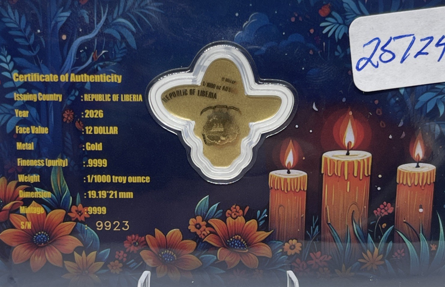 2026 Liberia 1/1000th Gold Carded Dia De Los Muertos Special Shaped with Capsule