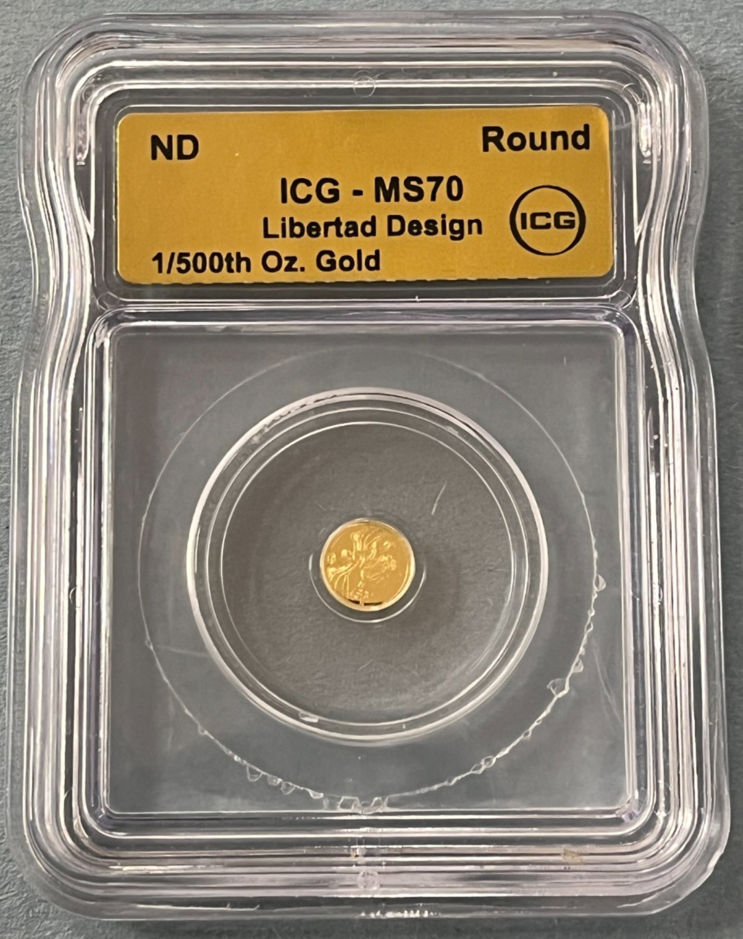 ICG MS70 Libertad Design 1/500th Oz Pure .999 Fine Gold Art Round – Gold Label