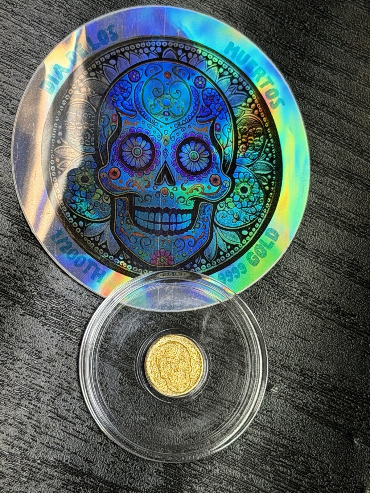 1/200 OZ MONARCH DAY OF THE DEAD .9999 FINE GOLD ROUND IN SEALED CAPSULE