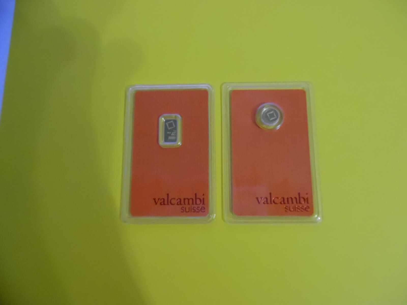 2 Lot 1 Gram each .9999 Fine Gold Bar and Round Valcambi Logo Assay
