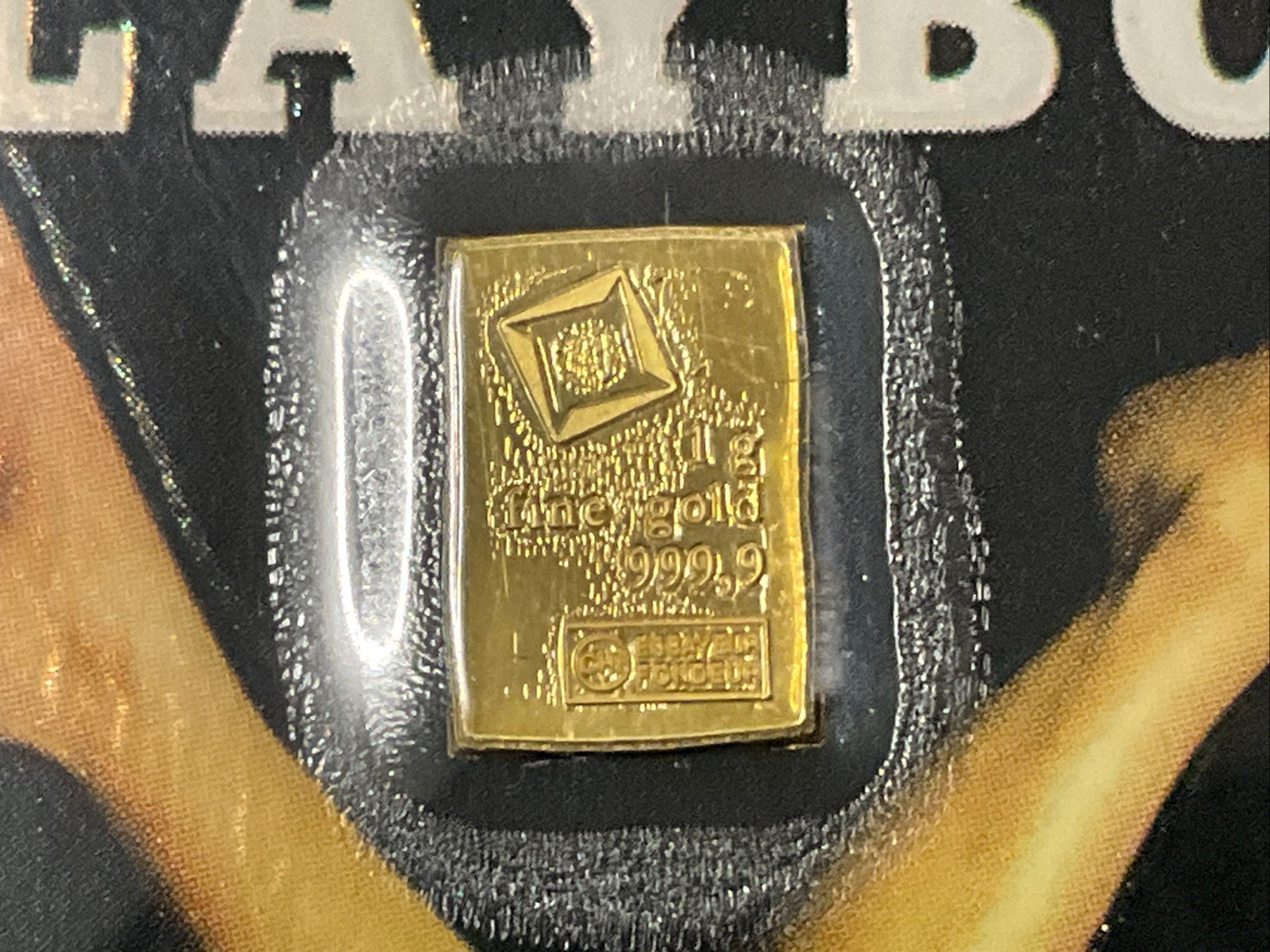 1 gram Gold CombiBar™ Valcambi Suisse .9999 Fine Gold Bar On Playboy Cover Card