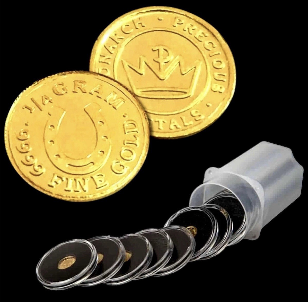 LOT X 10 MONARCH 1/4 GRAM LUCKY HORSESHOE .9999 FINE GOLD ROUNDS IN CAPSULE