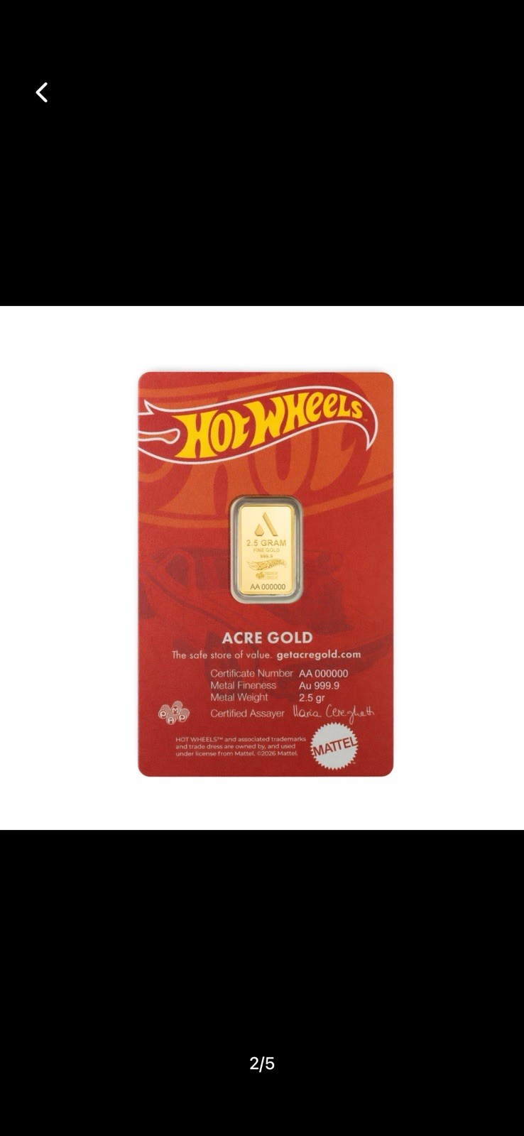 2.5 gram gold bar Hot wheels
