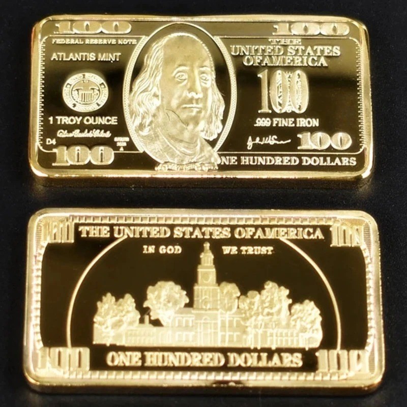 1pcs USA 100 Dollar Bullion 24k Gold Bar American Metal Coin Golden Bars USD New