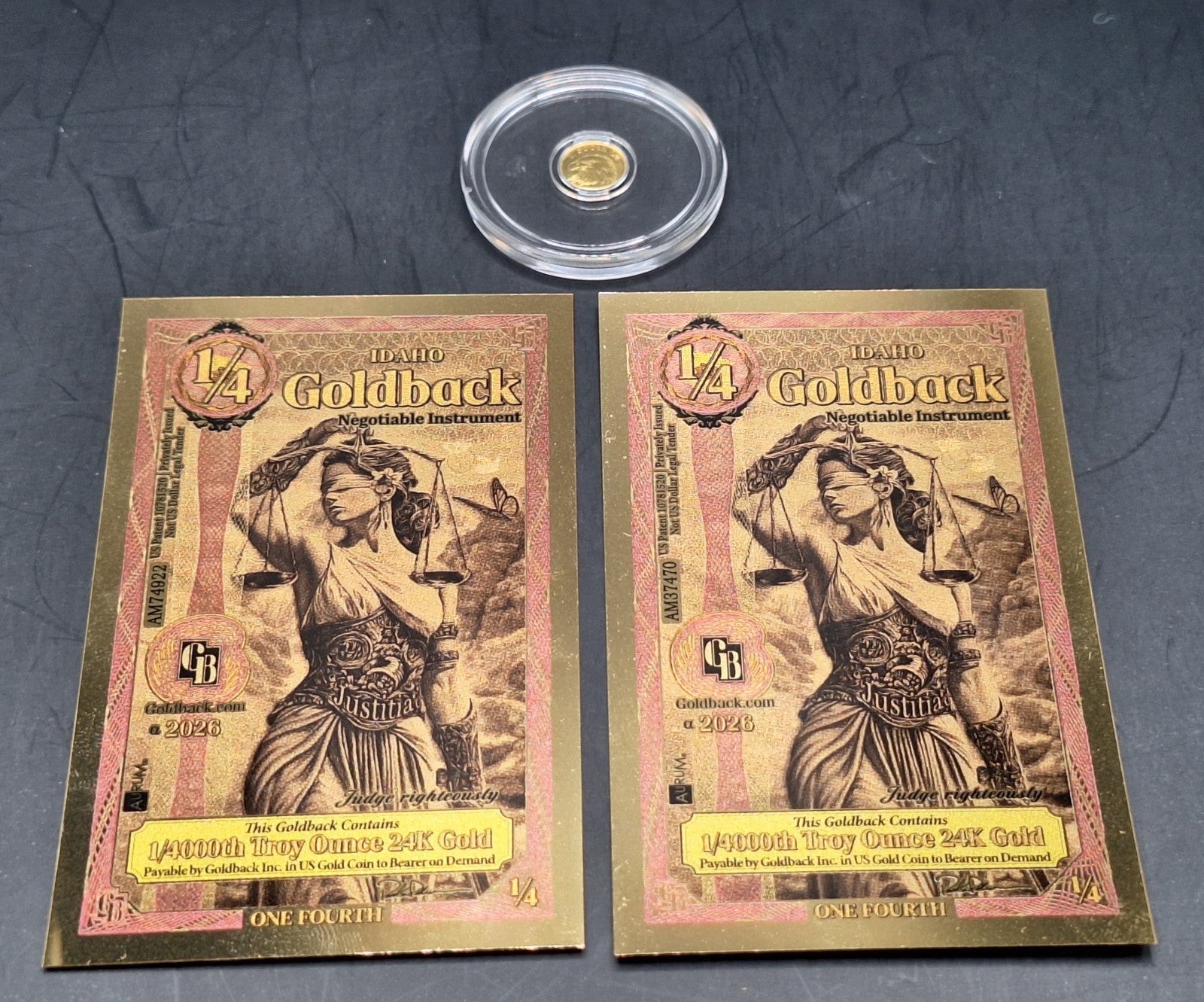 American Eagle Gold Round 1/500 oz & 2 Idaho Goldback 1/4 Gold Notes Set
