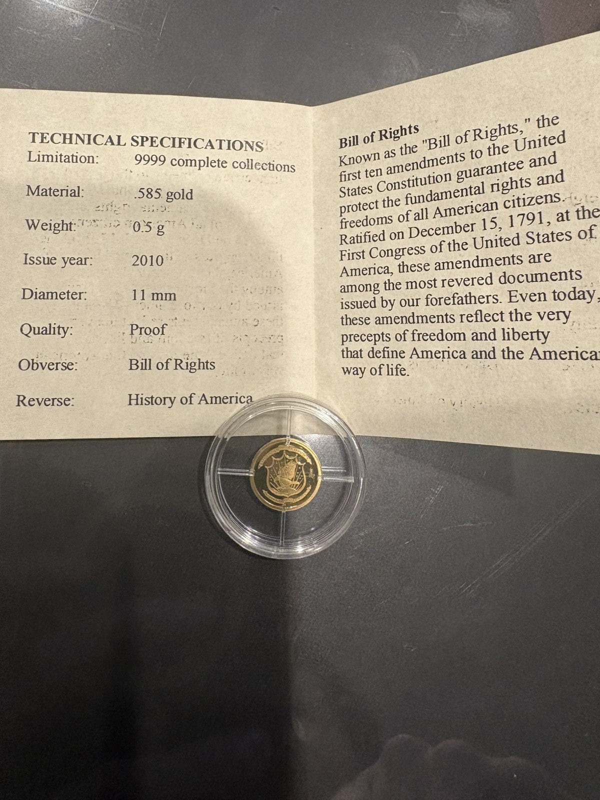 2010 .5g Birth of our Nation in Gold Bill of Rights History of America