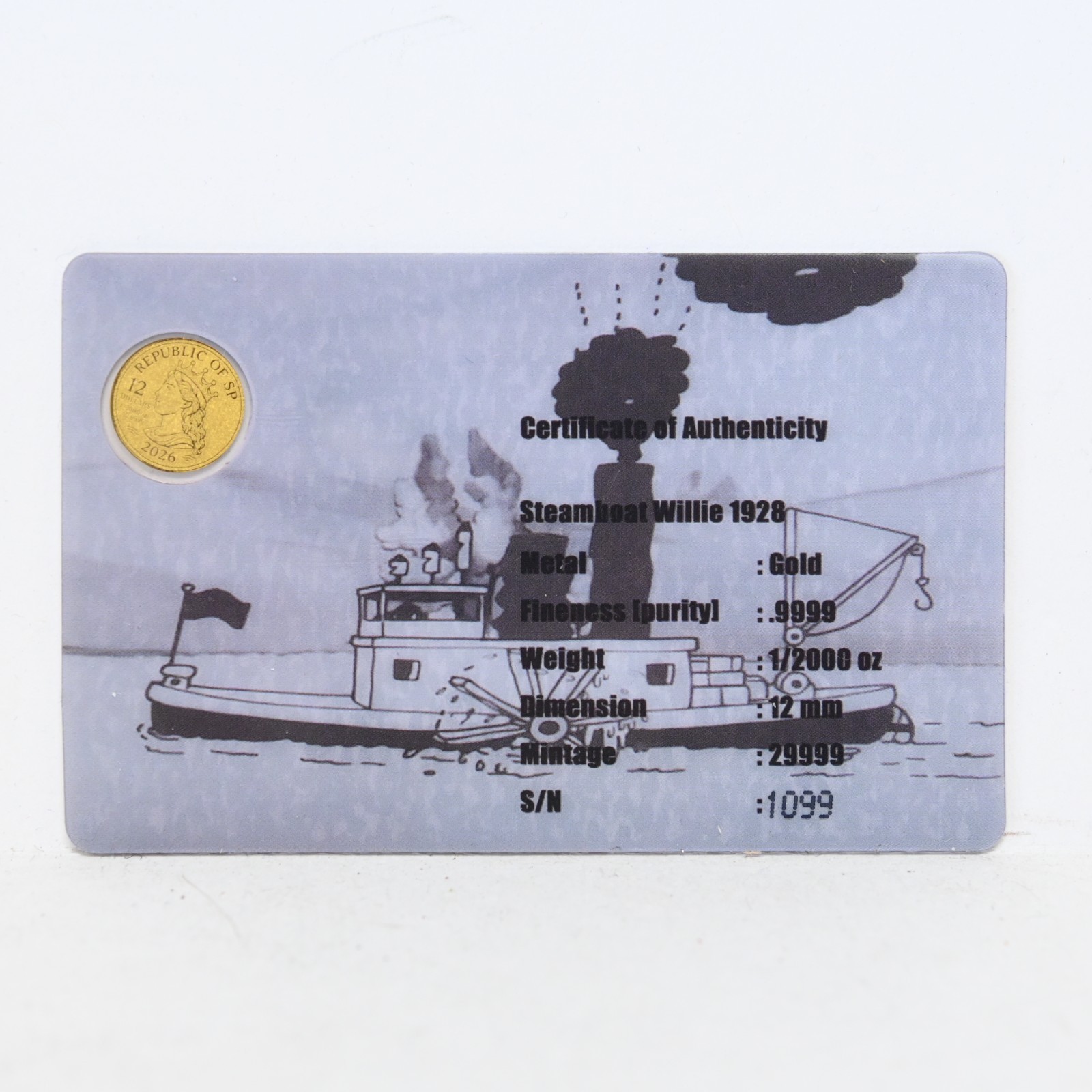 2026 Steamboat Willie 1928 1/2000-oz .9999 Gold Coin in Card (slx5261)