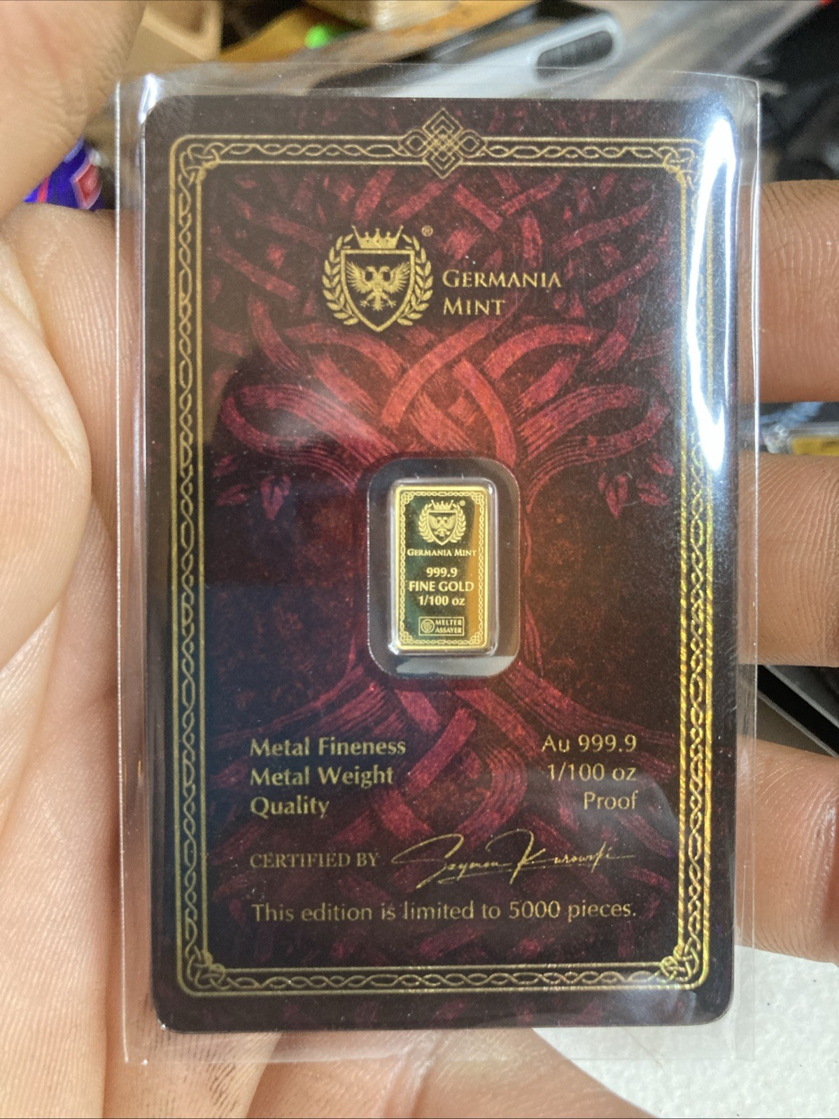 Frigg Gods of Germania 1/100 oz Pure Gold Proof Bar in Safepack Germania Mint