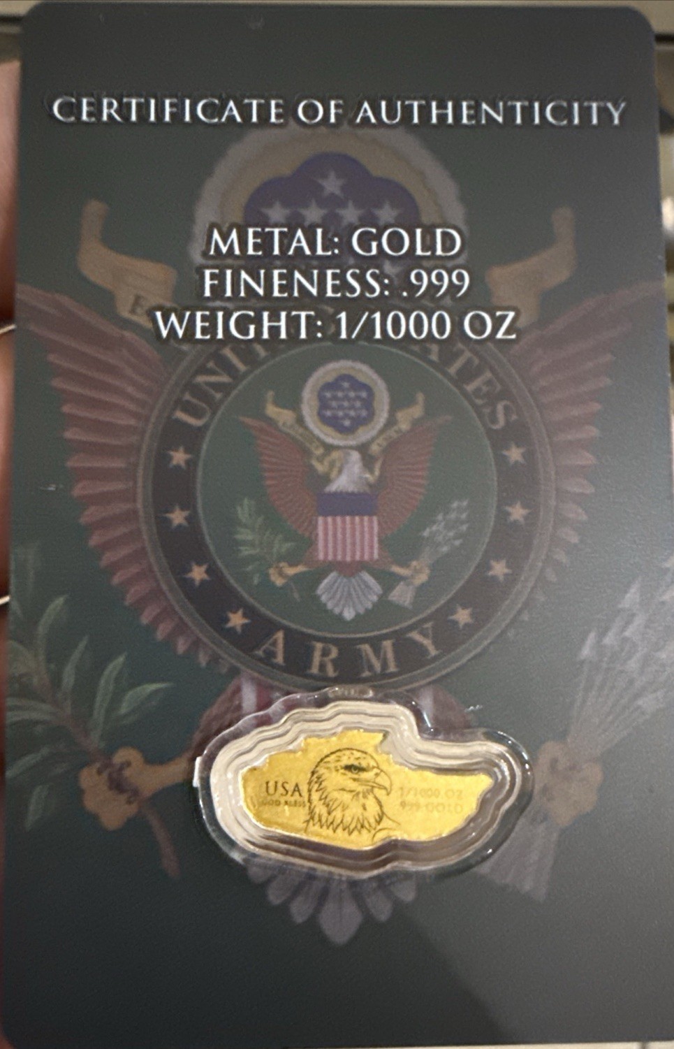 Beautiful 1/1000 oz .999 Gold 2026 USA ARMY Eagle & Tank Fractional Gold Bar